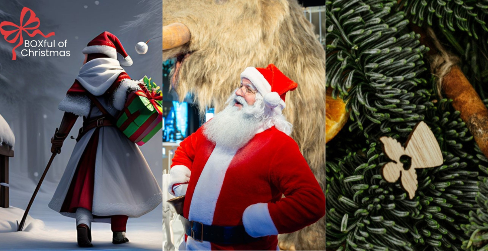 Three-panel Christmas banner featuring "BOXful of Christmas" text with an illustrated figure in a red cloak carrying presents, Santa Claus with a large furry creature, and festive fir branches decorated with a wooden angel and dried orange slices.